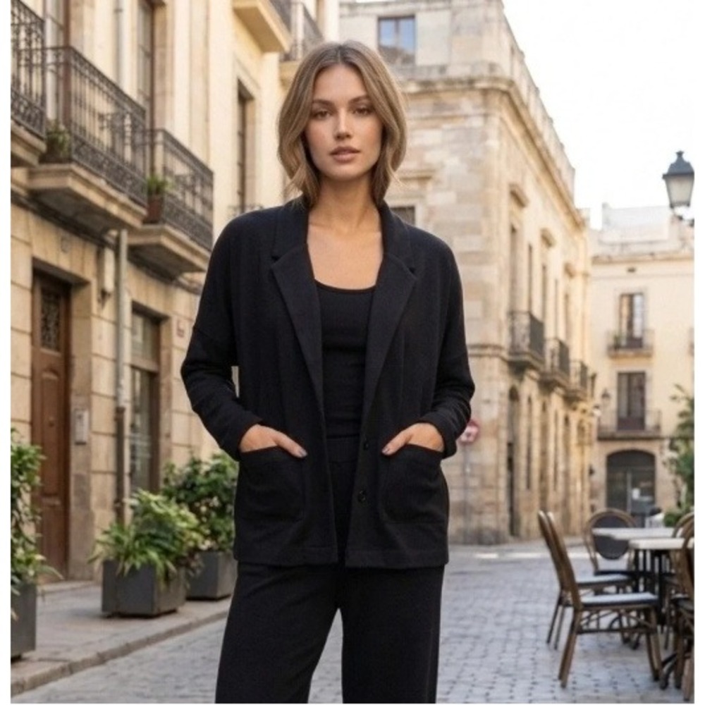 Pact Relaxed Knit Blazer Jacket Organic Cotton Black Sustainable Pockets Size L